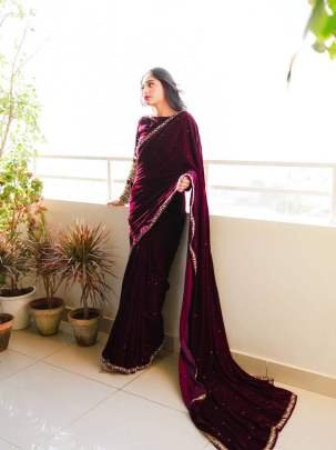 Wine Party Wear Heavy Embroidery Work Pure Velvet Saree