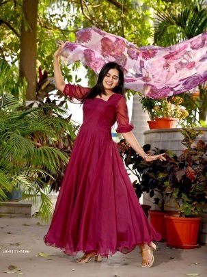 Wine Plain Readymade Tebby Silk Gown With Printed Dupatta