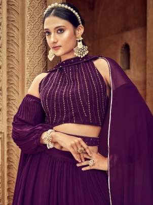 Wine Pure Faux Georgette Embroidered Party Wear Wedding Lehenga Choli Nandani Catalogue