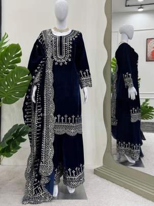 Winter Ethnic Wear Blue  Thread With Sequins Work Palazzo Suit