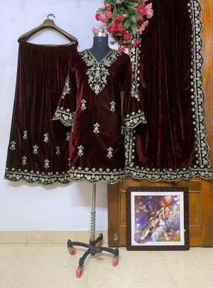 Winter Wear Ethnic Brown Kurti Palazzo Dupatta Set