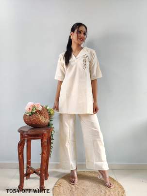 Women Embroidery Linen Off White Co ord Set 