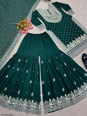 Women Georgette Stitched Dark Green Sharara Suit