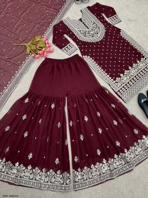 Women Georgette Ready To  Wear Maroon Sharara Suit