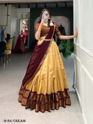 Women Kanchipuram Silk Cream Lehenga Choli With Brown Dupatta