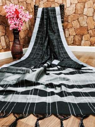 Women Soft Cotton Silk Black Saree With Silver Patta
