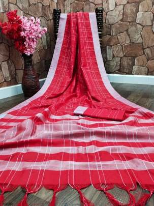 Women Soft Cotton Silk Red Saree With Silver Patta