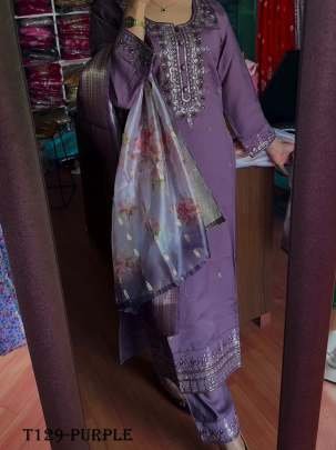 Women Wear Purple Pure Chinon Silk Kurti Pant Set