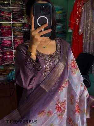 Women Wear Purple Pure Chinon Silk Kurti Pant Set