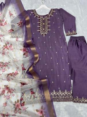 Women Wear Purple Pure Chinon Silk Kurti Pant Set