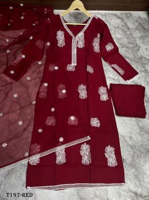 Women Wear Red Russian Silk Kurti Pant Dupatta Set