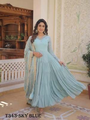 Women Wear Sky Blue Georgette Gown With Dupatta