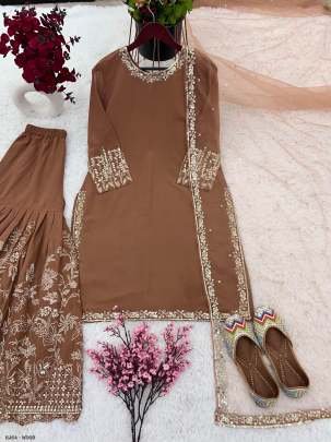 Wood Colour  Heavy Faux Georgette Top Sharara With Dupatta