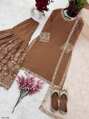 Wood Colour  Heavy Faux Georgette Top Sharara With Dupatta