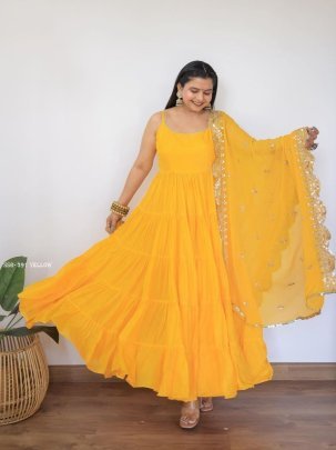 Yellow Anarkali Faux Georgette Fully Ruffle Flair Gown 