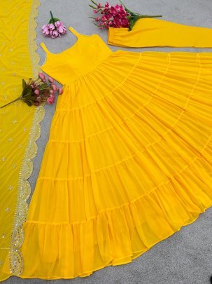 Yellow Anarkali Faux Georgette Fully Ruffle Flair Gown