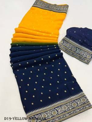 Yellow and Blue Color Heavy Georgette Saree With foil print