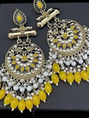 Yellow and Gold Kundan With Pearls Peacock Ethnic Large Shehnaz Chandbali Earrings