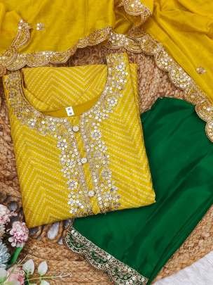 Yellow And Green Elegant Bandhani Print Chinon Three Piece Kurtis Set