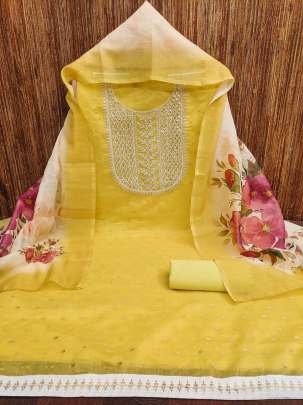 Yellow Beautiful Neck Work Santoon Unstitch Dress Material