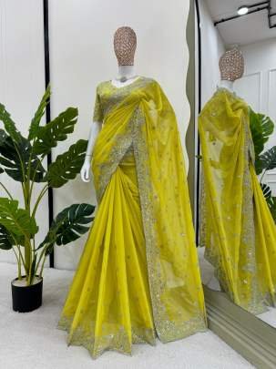 Yellow Beautiful Wedding Wear Tibby Silk Saree