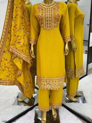 Yellow Color Coding Dori Sequence Work  Full Sleeve Top Pant With Dupatta Set