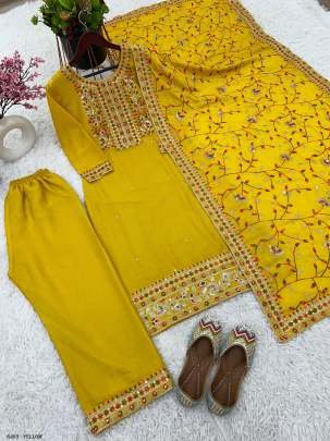 Yellow Color Coding Dori Sequence Work  Full Sleeve Top Pant With Dupatta Set