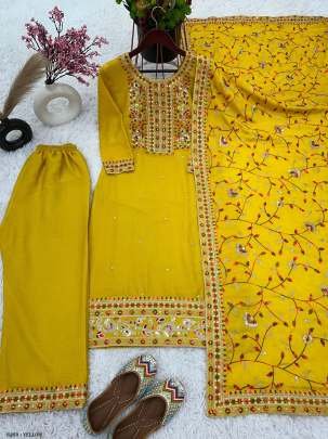 Yellow Color Coding Dori Sequence Work  Full Sleeve Top Pant With Dupatta Set