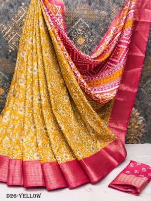 Yellow Color Dola Dark flower printed Silk Sarees