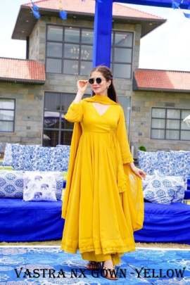 Yellow Color Plain Georgette Gown Set With Fancy Latkan