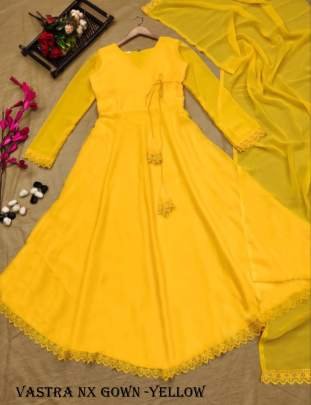 Yellow Color Plain Georgette Gown Set With Fancy Latkan