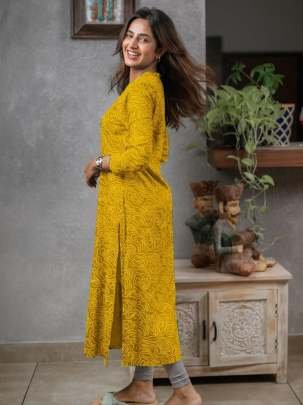 Yellow Cotton Printed Daily Wear Kurti