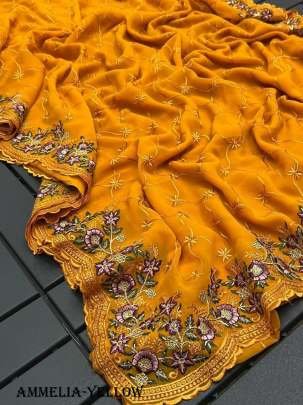 Yellow Designer Pure Georgette Saree With Cut Work