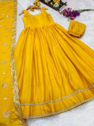 Yellow Elegance Chinnon Silk Anarkali Gown