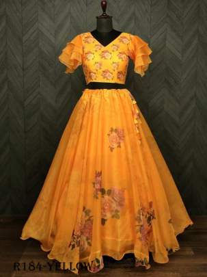 Yellow Flower Digital Printed Soft Organza Lehenga