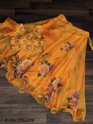 Yellow Flower Digital Printed Soft Organza Lehenga