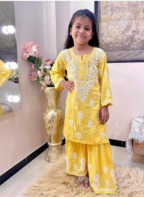 Yellow Full Stitched Rayon Cotton Kids Girls Sharara Suits