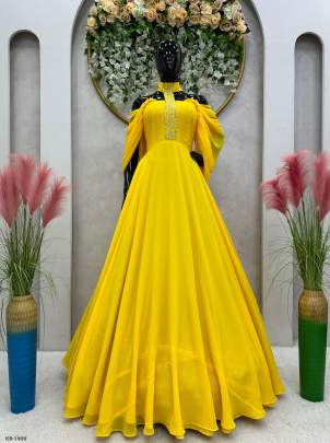 Yellow Georgette designer gown for ceremony