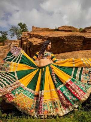 Yellow Green Color Navratri Special Designer Printed Mirror Work Chaniya Choli