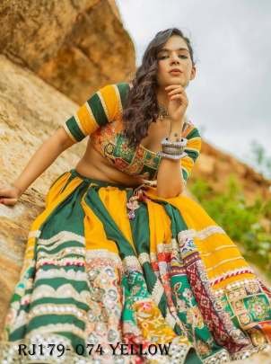 Yellow Green Color Navratri Special Designer Printed Mirror Work Chaniya Choli