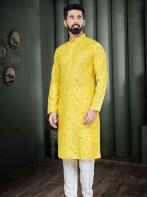 Yellow Haldi Rasham Mirror Work Cotton Men Kurta Set