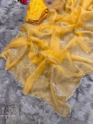 Yellow Hand Work Pink Pure Soft Organza Silk Saree