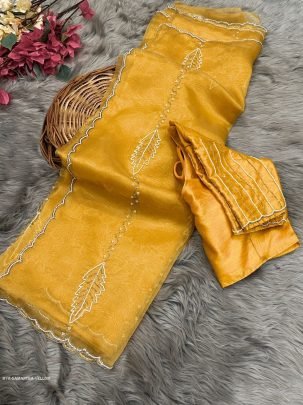 Yellow Hand Work Pink Pure Soft Organza Silk Saree