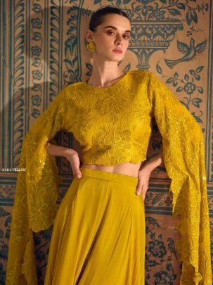 Yellow Indo-Western Drape Skirt & Embroidered Blouse Set