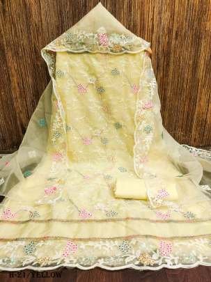 Yellow Organza Silk Embroidery Unstitch Suit