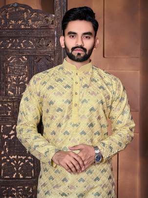 Yellow Maharaja Emrboidered Italian Silk Men Kurta With Pajama