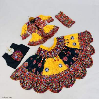 Yellow Navratri Traditional 4PC Kids Lehenga Set With Kedia And Cap