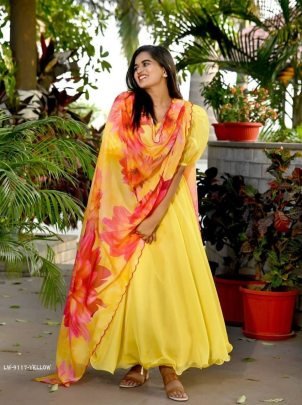 Yellow Plain Readymade Tebby Silk Gown With Printed Dupatta