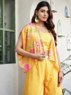 Yellow Pure Crepe Embroidered Top  bottom With Shrug