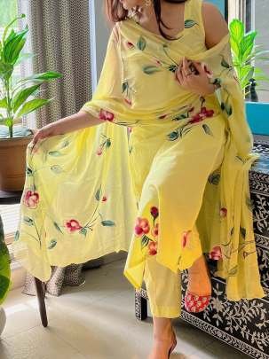 Yellow Straight  Floral Hand Printed Georgette Kurti Pant Set